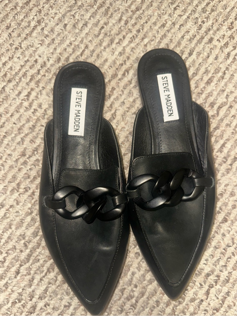 Steve Madden Black Pointed Slip-On Mules with Chain Accent